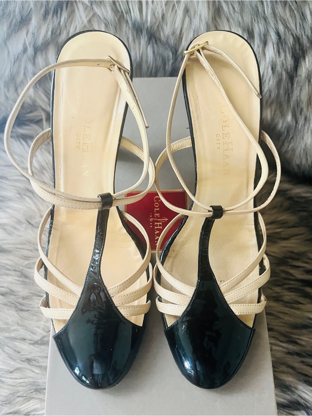 Cole Haan Black Patent and Cream Strappy Women's Heels Size 8